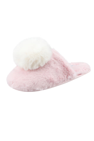 Soft pink faux fur slippers designed for comfort and warmth, ideal for lounging around the house.