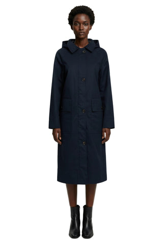 Elle Waxed Cotton Long Coat in Navy