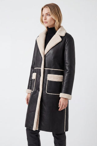 Avery Longline Faux-Shearling Coat Black