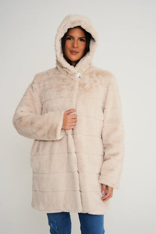 Cream faux fur coat with a hood, perfect for stylish warmth and comfort during chilly days. 