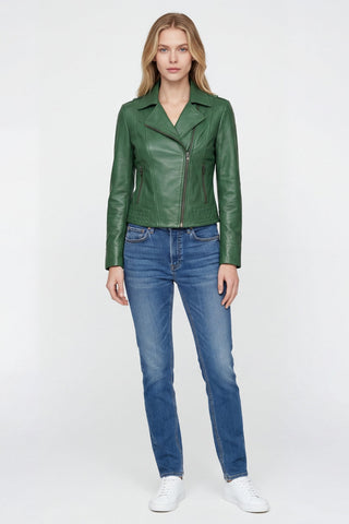 Elle Armin Leather Biker Jacket in Forest Green