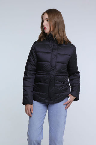 Sleek black Elle Puffa Jacket, designed for warmth and style, perfect for cold weather adventures.