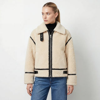 Delia Cropped Faux-Shearling Aviator Jacket Beige