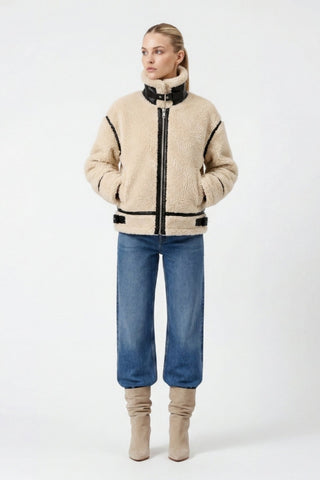 Delia Cropped Faux-Shearling Aviator Jacket Beige