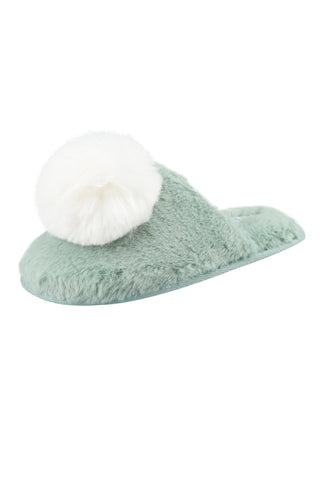 Soft mint faux fur slippers designed for comfort and warmth, ideal for lounging around the house.