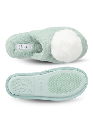Stylish mint faux fur slippers that offer a plush feel, perfect for relaxing at home in comfort.