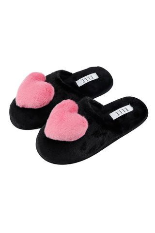 Cosy black and pink faux fur slippers by ELLE, perfect for keeping your feet warm and stylish at home.
