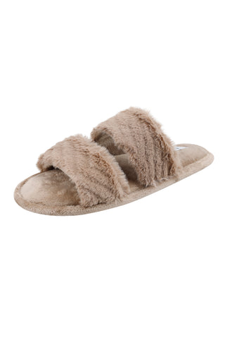 ELLE's taupe faux fur slippers offer comfort and warmth, ideal for lounging around the house.
