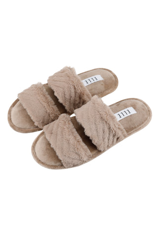 Cosy taupe faux fur slippers by ELLE, perfect for keeping your feet warm and stylish at home.