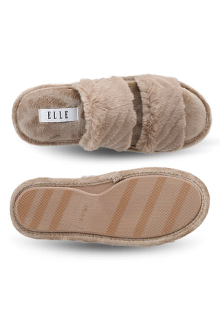 Soft taupe faux fur slippers from ELLE, designed for ultimate comfort and a chic home look.