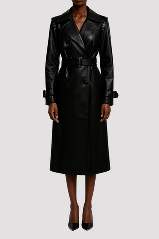 Sophia PU Long Trench Coat in Black