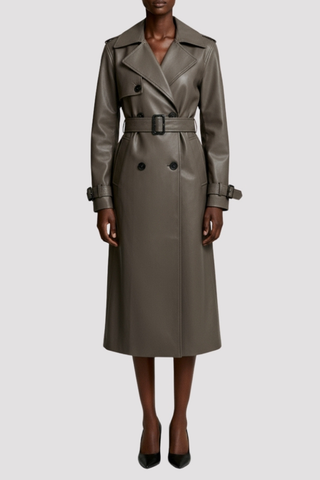 Sophia PU Long Trench Coat in Buff