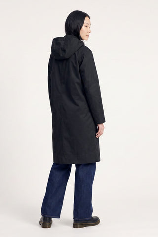Elle Waxed Cotton Long Coat in Black
