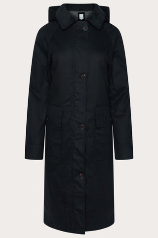Elle Waxed Cotton Long Coat in Black