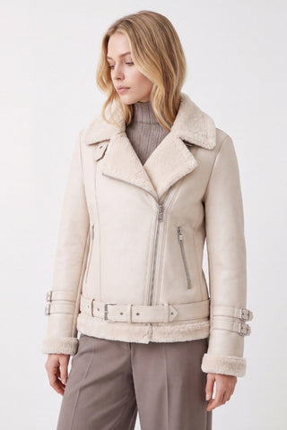 Ines Faux-Shearling Biker Jacket Beige
