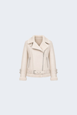 Ines Faux-Shearling Biker Jacket Beige