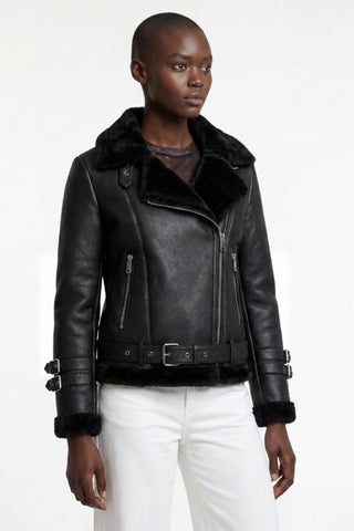 Ines Faux-Shearling Biker Jacket Black