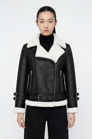 Ines Faux-Shearling Biker Jacket  Black/White