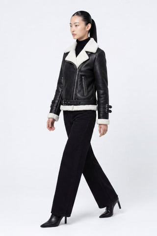 Ines Faux-Shearling Biker Jacket  Black/White