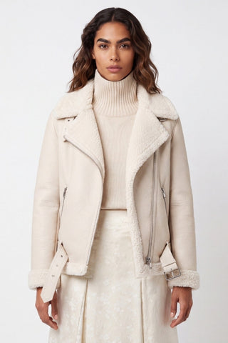 Jolie Faux-Shearling Biker Jacket Beige