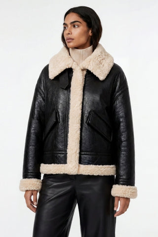 Jocelyn Faux-Shearling Aviator Jacket Black