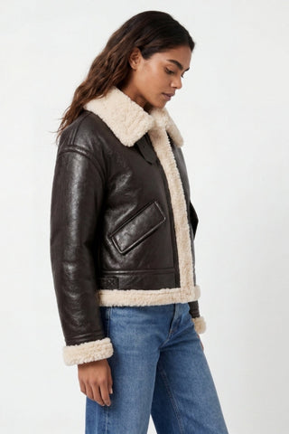 Jocelyn Faux-Shearling Aviator Jacket Brown