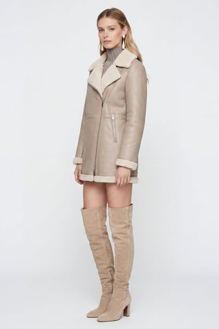 Keira Longline Faux-Shearling Biker Coat Beige