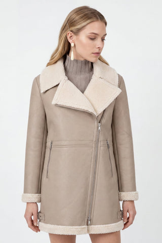 Keira Longline Faux-Shearling Biker Coat Beige
