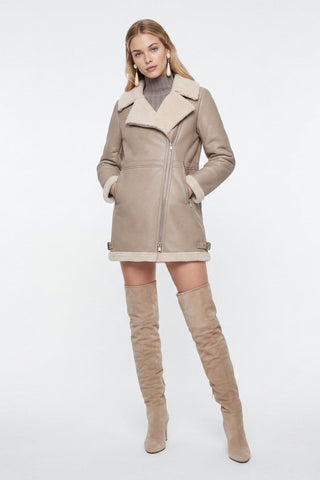 Keira Longline Faux-Shearling Biker Coat Beige