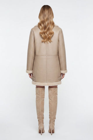Keira Longline Faux-Shearling Biker Coat Beige
