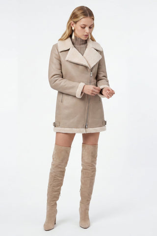 Keira Longline Faux-Shearling Biker Coat Beige
