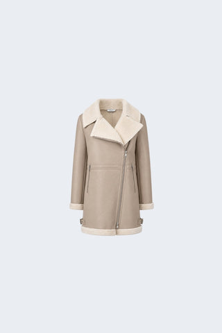 Keira Longline Faux-Shearling Biker Coat Beige