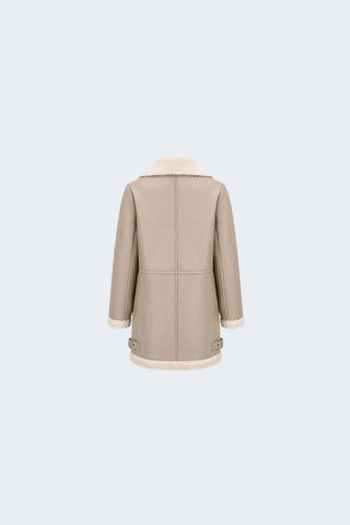 Keira Longline Faux-Shearling Biker Coat Beige
