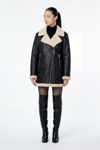 Keira Longline Faux-Shearling Biker Coat Black