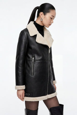 Keira Longline Faux-Shearling Biker Coat Black