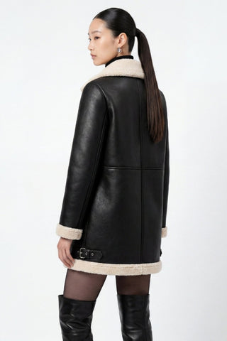 Keira Longline Faux-Shearling Biker Coat Black