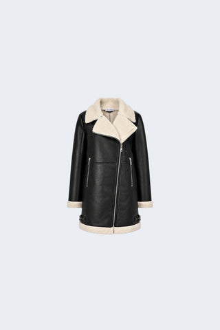 Keira Longline Faux-Shearling Biker Coat Black