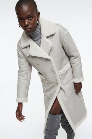 Morgan Double-Breasted Faux-Shearling Coat Grey