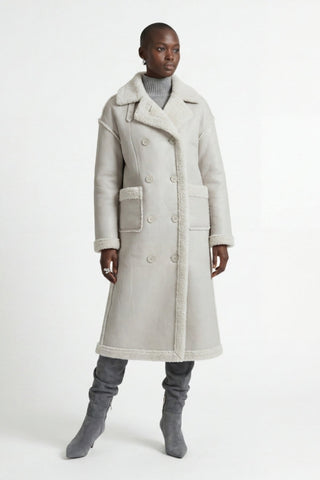 Morgan Double-Breasted Faux-Shearling Coat Grey
