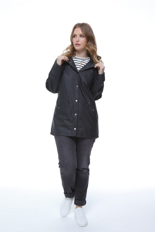 Chic black hooded mac from Elle, designed for comfort and style on drizzly days. Perfect for layering!