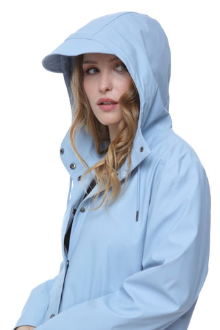 Trendy blue hooded mac from Elle, ideal for keeping Cosy and stylish during wet weather.