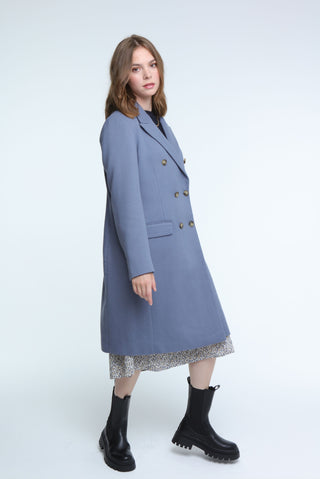 Elle Double Breasted Long Coat in Blue