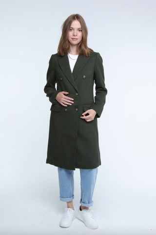 Stylish green double-breasted long coat, perfect for adding a chic touch to any outfit this season. 