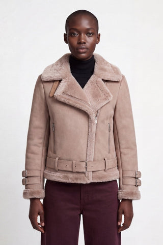 Paige Faux-Shearling Biker Jacket Pale Pink Grey