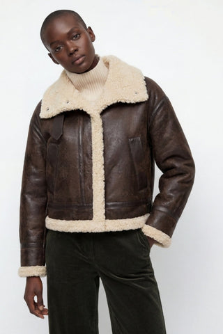 Sydney Cropped Faux-Shearling Aviator Jacket Brown