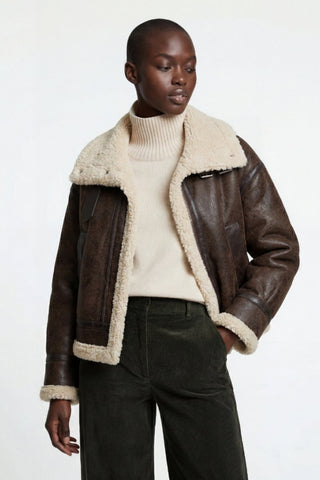 Sydney Cropped Faux-Shearling Aviator Jacket Brown