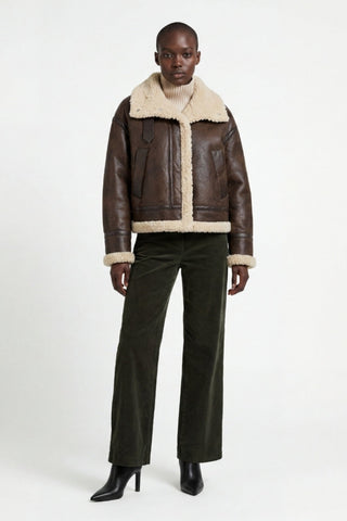 Sydney Cropped Faux-Shearling Aviator Jacket Brown