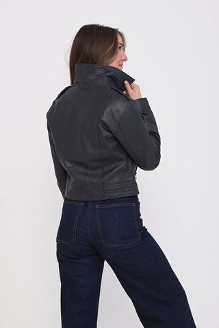 Chic blue leather biker jacket from Elle , ideal for a bold and fashionable statement in your wardrobe.