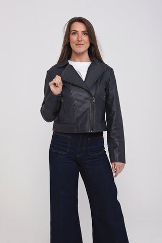 5. Trendy blue leather biker jacket by Elle , designed to give your outfit a stylish and edgy vibe.