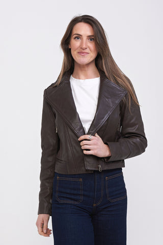 Trendy chocolate leather biker jacket from Elle , ideal for a cool, casual look.